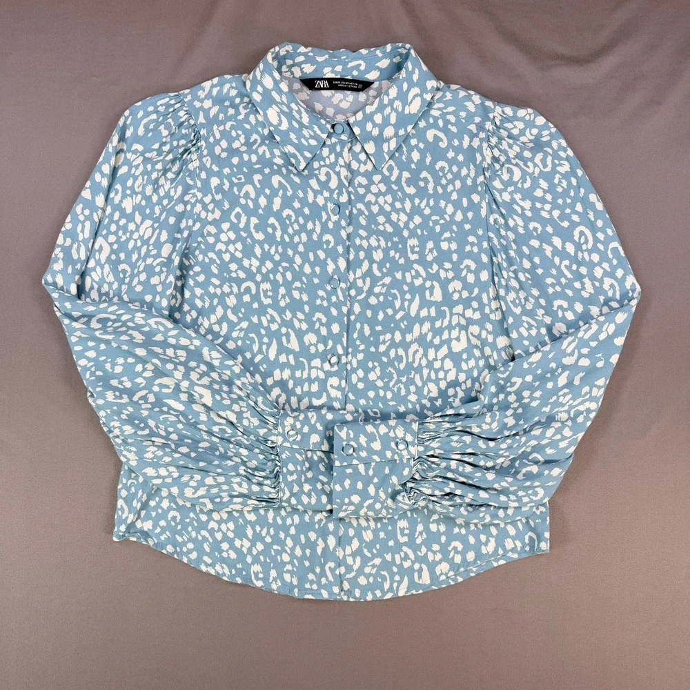 ZARA Womens XS Blue White Animal Print Long Sleeve Button Down Blouse Top Retro
